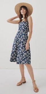 Pact Organic Cotton Floral Tie Back Fit and Flare Dress Navy Blue Large Photo 0