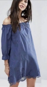 Abercrombie &‎ Fitch Off the Shoulder Blue Embroidered Loose Fit Dress Small Photo 0