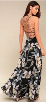 Lulus‎ love abloom Black Floral Print Maxi Dress Spaghetti Strap Lace Up Back M Photo 0