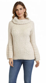 Anthropologie Sleeping on Snow Cowl Bell Sleeve Cream Cable Knit‎ Sweater Small Photo 0