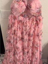 Feariesty Pink Floral Ruffle Strapless Formal Dress Photo 0