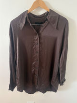 AllSaints Brown Silk Blend Button Down Blouse Smocked Cuff Top US 2 Photo 0