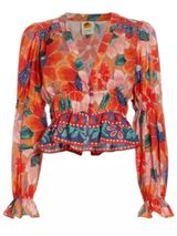 FARM Rio Marias Floral Plunge Neck Peplum Long Sleeve Top Size Medium Photo 0