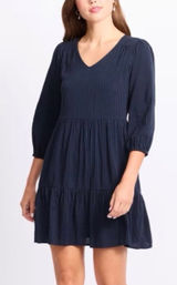 Market & Spruce Navy Striped Tiered V-Neck Mini Dress 3/4 Sleeve Large L Photo 0