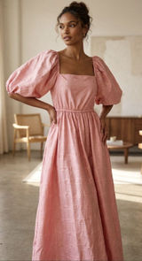 Vintage 80's Puff Sleeve Pink Taffeta Dress Square Neck Off Shoulder Handmade Photo 0