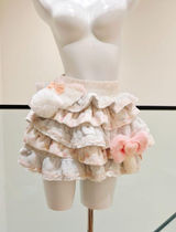 Women Sweet Fluffy Tiered Mini Skirt Elastic Waist Ruffled Lace Trim Plush Bow Pom Pom Decor Kawaii Cute A‑Line Short Skirt For Cosplay Daily Photo 0