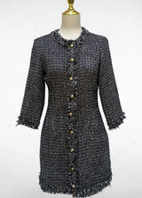 Zara‎ Tweed Mini Dress Size M Black Blue Gold Button Frayed Trim Classic Preppy Photo 0