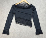 Black‎ Asymmetrical Lace Panel Long Sleeve S Whimsigoth Boat Neck Dark Coquette Photo 0