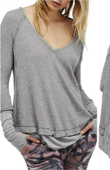 We The Free Shirt Women Medium‎ Gray Oversized Waffle Knit Laguna Thermal Tee Photo 0