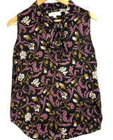 Loft XS Floral Tie Neck Top Sleeveless Black Purple Gold Office Retro Feminine Photo 0