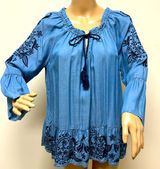 Crown & Ivy light denim embroidered top with drawstring collar, size L Photo 0