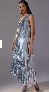 NWT MAEVE Anthropologie One Shoulder Sequin Ruffle Maxi Dress Silver XS Photo 0