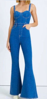 7 For All Mankind Beauty Denim Mega Flare Jumpsuit in Diana Blue Size M Photo 0