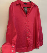 NWT Boutique Hot Pink Women Medium Satin Long Sleeve‎ Collared Button Up Top Photo 0