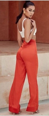 House of CB Ayain Wide Leg Pants Womens S Dark Orange Satin High Rise‎ Trousers Photo 0