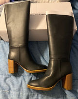 Marc Fisher Gabey Black Leather Knee High Boots Size 10M Block Heel Zip-Up New Photo 0