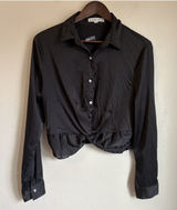 Signature 8 Black Satin Twist Front Cropped Blouse Long Sleeve Top Size M Photo 0