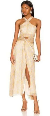 Likely Lucy Dress Yellow Blue Floral Cutout Halter Midi Size 10 Photo 0
