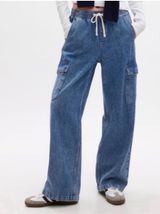 Gap Pull On Wide Leg Cargo Denim Jeans Cotton Tie Waist Medium Wash Blue Medium Photo 0