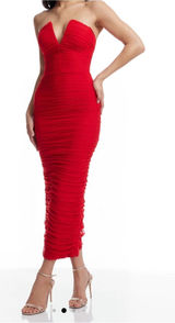 Dress the Population Ferra Rouge Red Ruched Midi Dress XS Strapless Photo 0