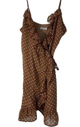 LIONESS Caliente Ruffle Wrap Dress Brown White Polka Dot NWOT Womens Large Photo 0