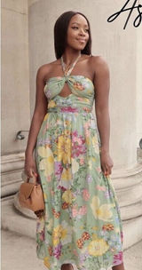 H&M Green Floral Halter Maxi Dress with Yellow & Purple Blooms Photo 0