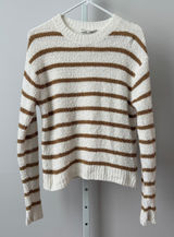 Vince S White Brown Striped Boucle Sweater Cotton Pullover Fisherman Preppy Photo 0