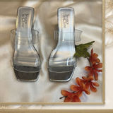 Jessica Cline Silver Metallic Clear Strap Block Heel‎ Slide Sandals Square Toe 7 Photo 0