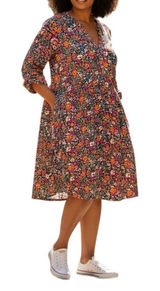 Democracy Floral Midi Dress Women 1X‎ Multicolor Boho Casual Rayon Button V-Neck Photo 0