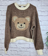 Luna Ivy Teddy Bear Graphic Sweater NWT M Brown Knit Crewneck Cropped Preppy Photo 0