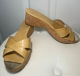 Jimmy Choo Wedge Sandals Slide 7 Tan Patent Leather Cork Heel‎ Logo Toe Plate Photo 0