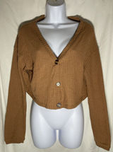 ROMWE Brown Waffle Knit Cropped Cardigan Sweater Women's Size L Large Boho Cozy Photo 0