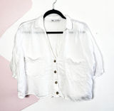 Zara Button Up Shirt Women's‎ Large White Linen Cropped Relaxed Fit Coastal Boho Photo 0