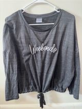 Secret Treasures Gray 'Weekends' Tie-Hem Long Sleeve Top Photo 0