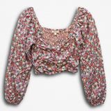 Billabong x The Salty Blonde Floral Crop Top Smocked Long Sleeve Square Neck‎ S Photo 0