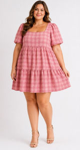 English Factory‎ Gingham Babydoll Dress Women 3X Pink Puff Sleeve Tiered Boho Photo 0