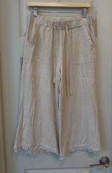 Natural Beige Linen-Blend Wide Leg Frayed Hem Pants Photo 0