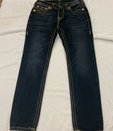 True Religion Women's Dark Blue Skinny Jeans with Yellow Contrast Stitching Photo 0
