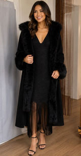 Women 2pc Black Gatsby fringe dress & faux fur trim Jacket. Roaring 20's Photo 0