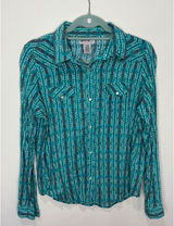 Wrangler Women's Button Up Long Sleeve‎ Shirt Geometric Teal Pearl Snaps Sz S Photo 0