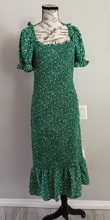 PRETTYGARDEN Green Floral Midi Dress with Smocked Bodice and Puff Sleeves Photo 0