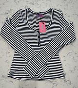 Edikted Women's XS Slim Fit Navy & White Knit Long Sleeve Henley Tee‎ Photo 0