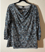 Ann Taylor Women's Size L Blue Black Abstract Cowl Neck 3/4 Sleeves Blouse Top Photo 0
