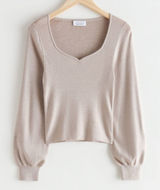 & Other Stories Sweater Womens L Beige Wool Cotton Sweetheart Puff Sleeve Knit Photo 0