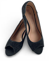 De Blossom Collection Black Rhinestone Glitter Peep Toe Wedge Heels Size‎ 9 Photo 0