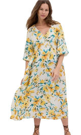 Gap Maternity Dress Womens Large Floral V-Neck Midi Boho Puff Sleeve Yellow Blue Photo 0