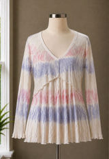 POL Tie Dye Ribbed V-Neck Peplum Long Sleeve Top Pink Purple RCT961A Medium Photo 0