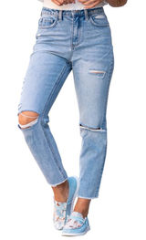 Vervet Super High Rise Beverly Slim Straight Distressed Medium Wash Blue Jeans Photo 0
