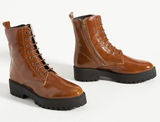 Anthropologie Boot Lace up Moto Patent Camel Brown Leather Ankle Boots Photo 0