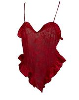 Victorias Secret Red Lace Teddy Ruffled Satin Trim Spaghetti Straps gold label Photo 0